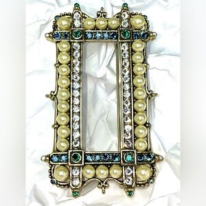 Heidi Daus Large Picture Frame Brooch Faux Pearl & Blue, Clear & Green Crystas